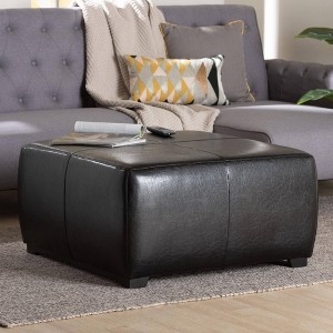 Black Leather-Like Square Ottoman with Button Tufting