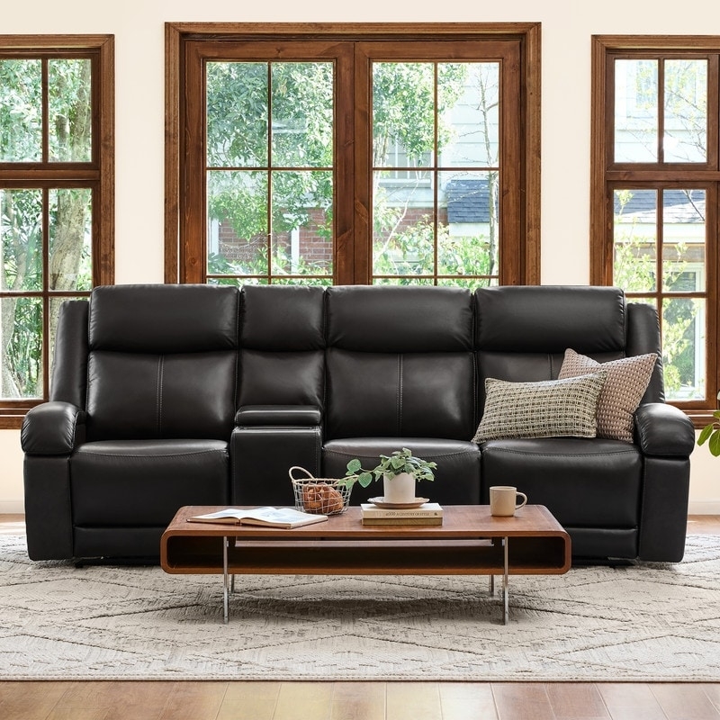 Black Reclining Sofa with Center Console and Drop-Down Middle Seat