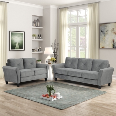 Black Sectional Sofa Faux Leather Button Tufted Rolled Tuxedo Arms
