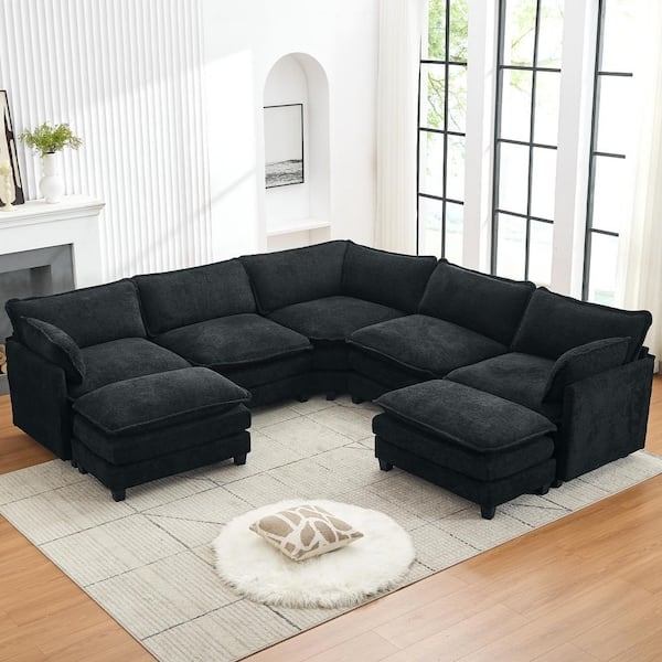 Black Sectional Sofa Tight Back Chaise Lounge Modern Style