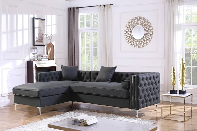 Black Tufted Sectional Sofa with Nailhead Trim & Silver Metal Legs