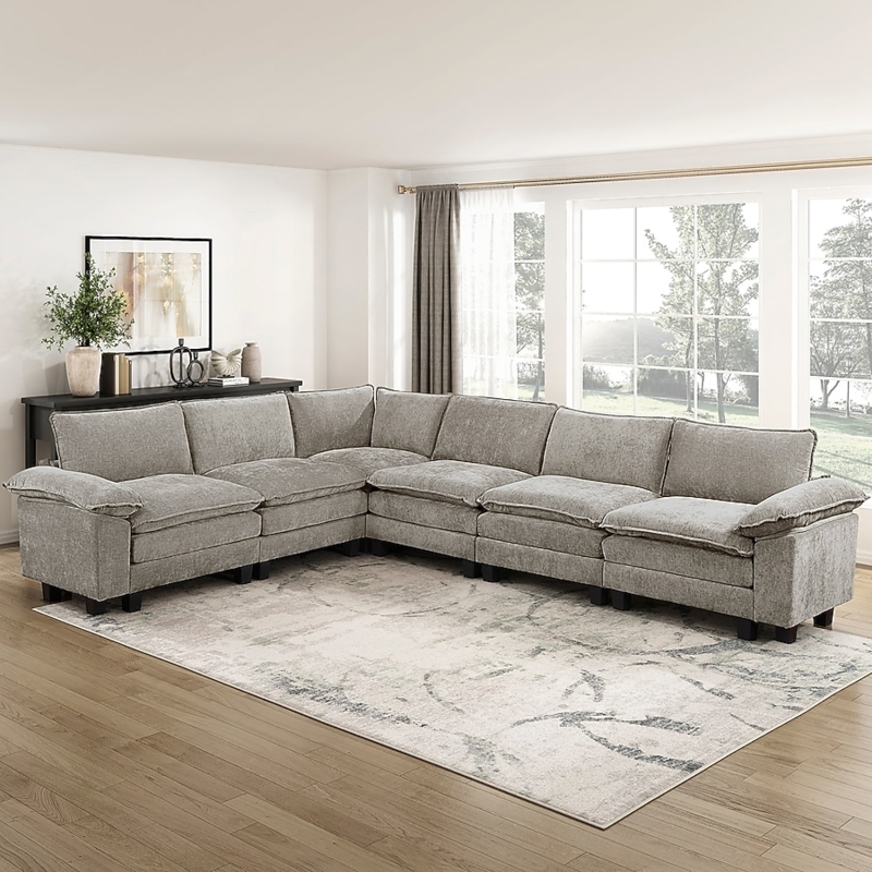 Black Velvet Sectional Sofa: U-Shaped Design, Grid Tufted Seat
