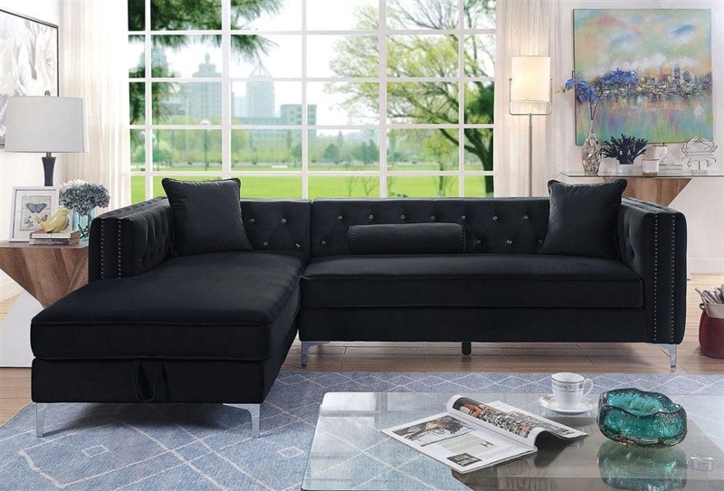 Black Velvet Sectional Sofa Vertical Channel Tufted with Gold Legs
