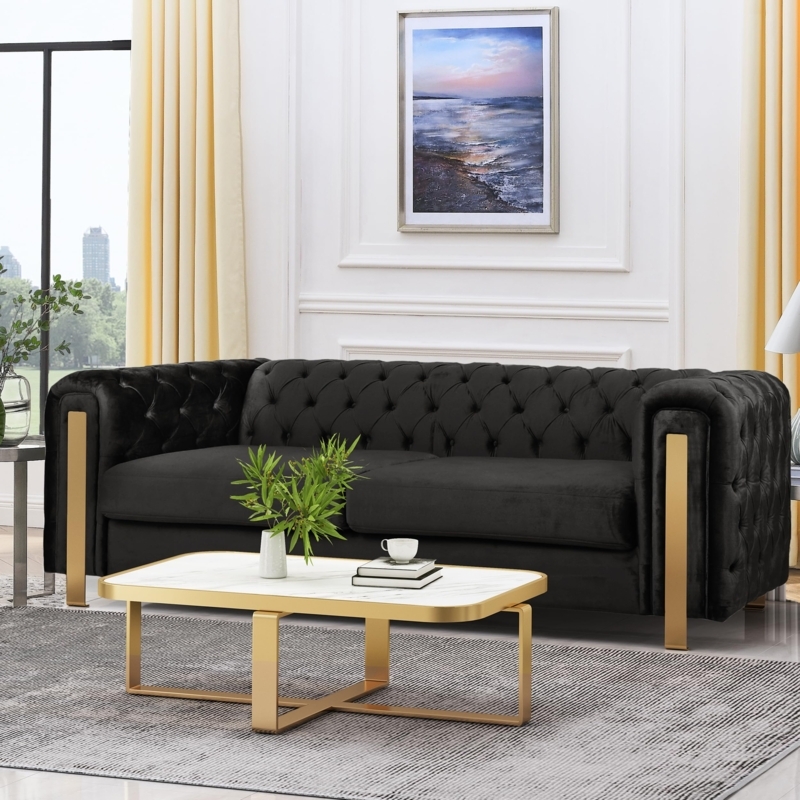 Black Velvet Tuxedo Sofa with Polished Gold Tapered Legs