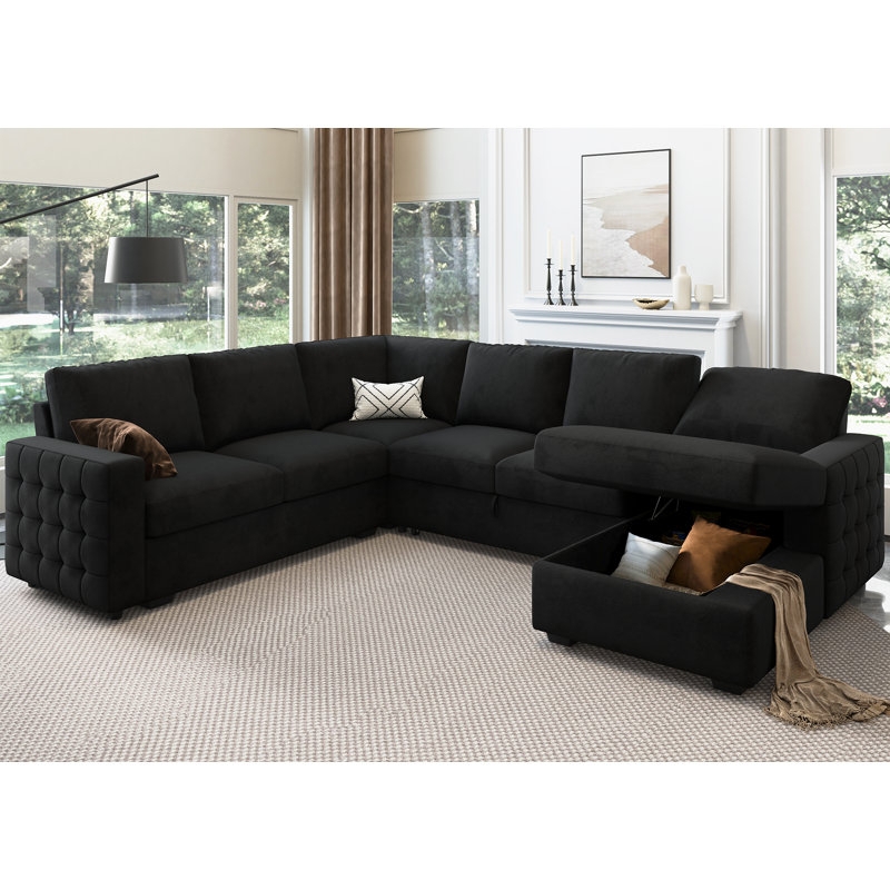 Black Velvet U-Shaped Sectional, Pull-Out Bed & Double Chaise
