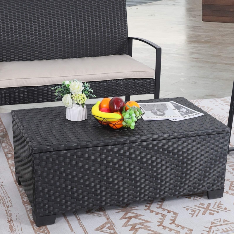 Black Wicker Patio Coffee Table with Integrated Hidden Storage