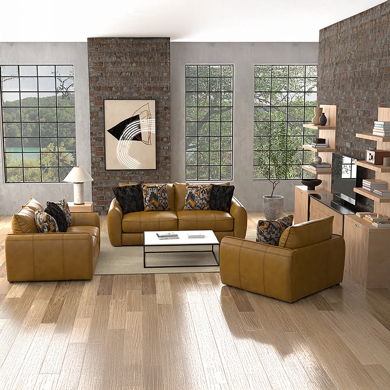 Block Feet Living Room Set Leather Track Arms Airy Layout
