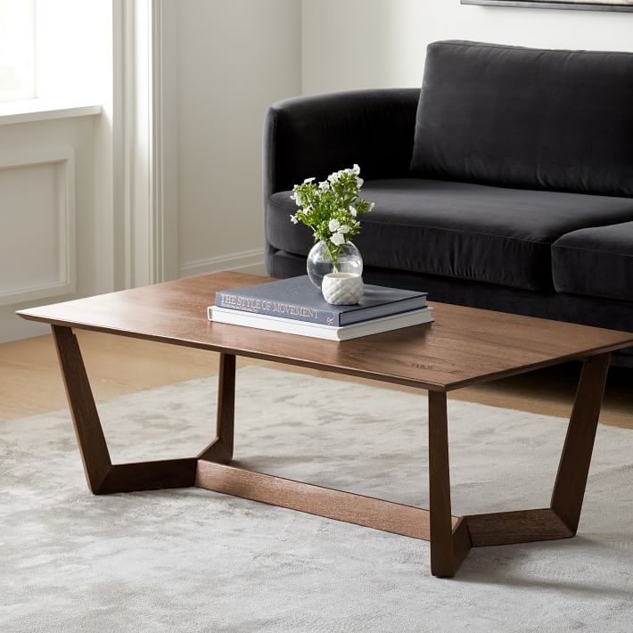 Block Leg Coffee Table Dark Walnut Finish Thick Silhouette Mitered Joints