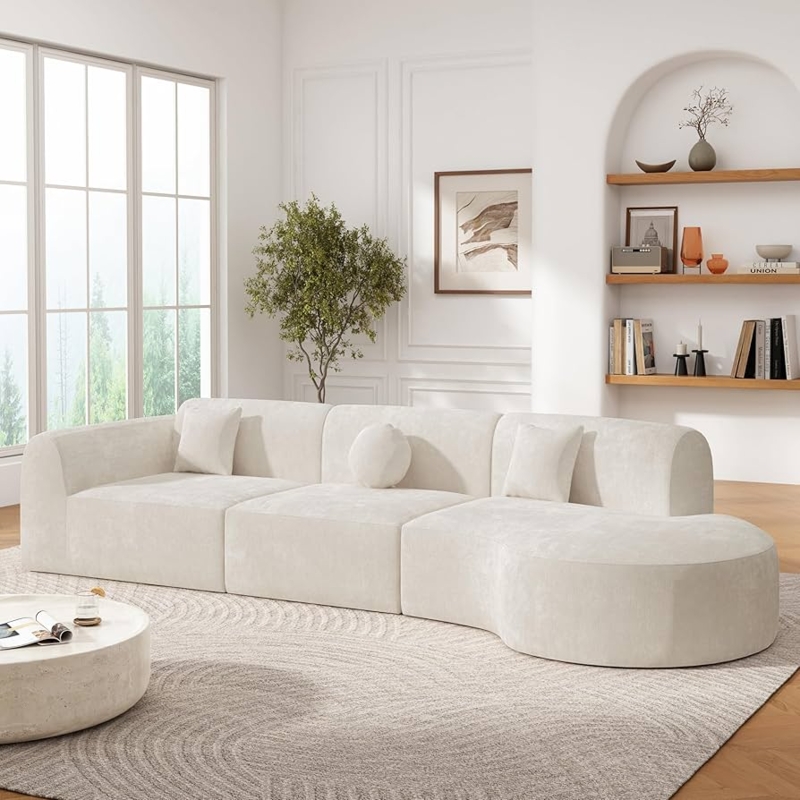 Blocky Low Profile Sectional Sofa in Beige Textured Weave