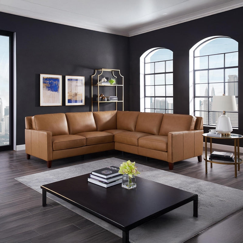 Blocky Silhouette Sectional Sofa in Cognac Leather