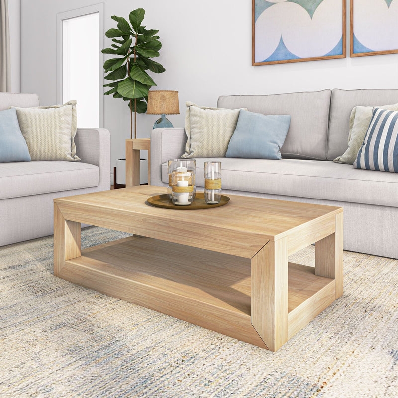 Blonde Wood Coffee Table Shelf with Square Block Legs