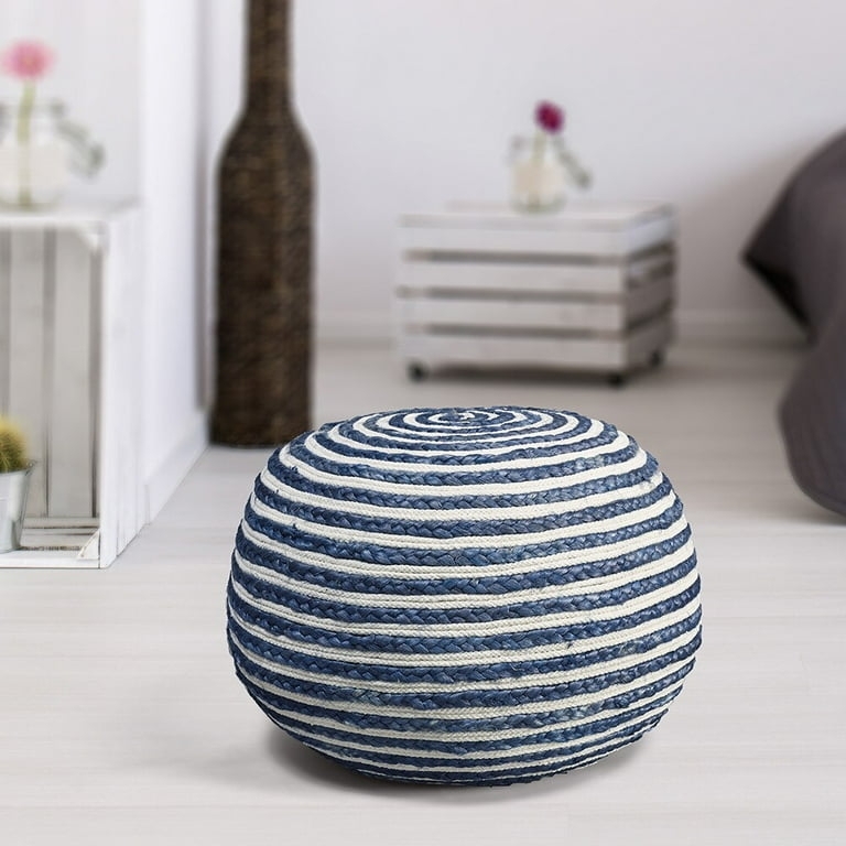 Blue and White Braided Pouf, Cylindrical Coastal Floor Seating