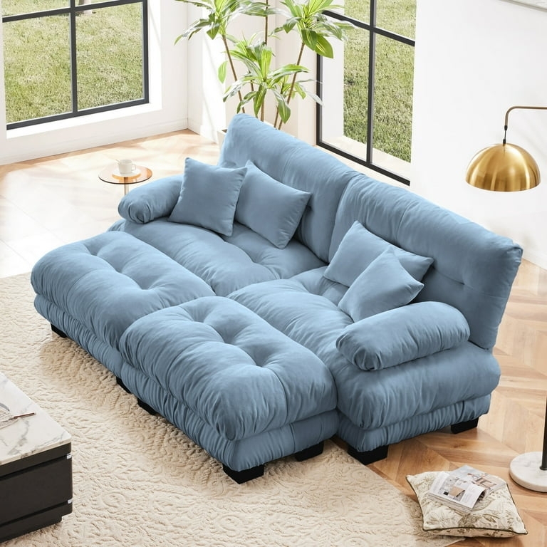 Blue Chenille Sectional Sofa Modular Deep Seat Ottomans