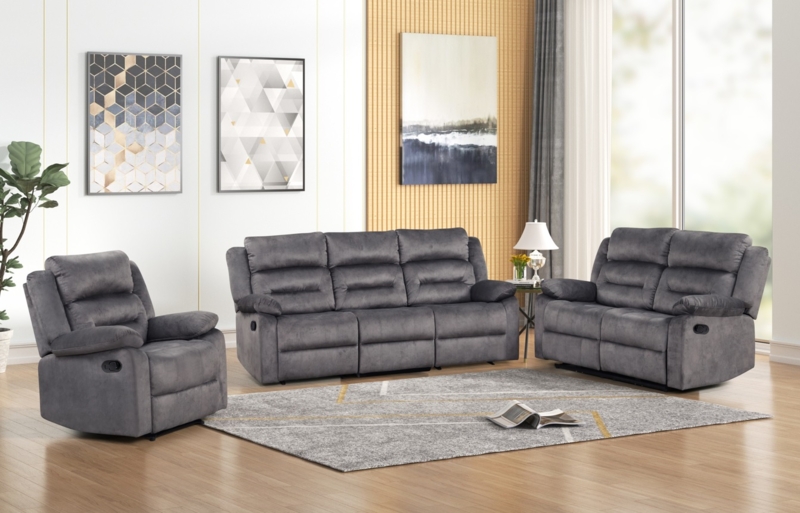 Blue-Gray Fabric Reclining Sofa Set with Loveseat Console