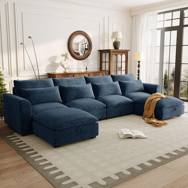 Blue Linen Blend U-Shaped Sectional with Storage Ottomans