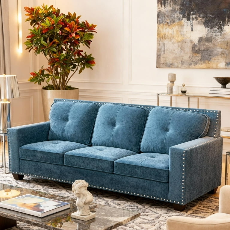 Blue Linen-Like Sofa, Track Arms, Button Tufted Back, Nailhead Trim