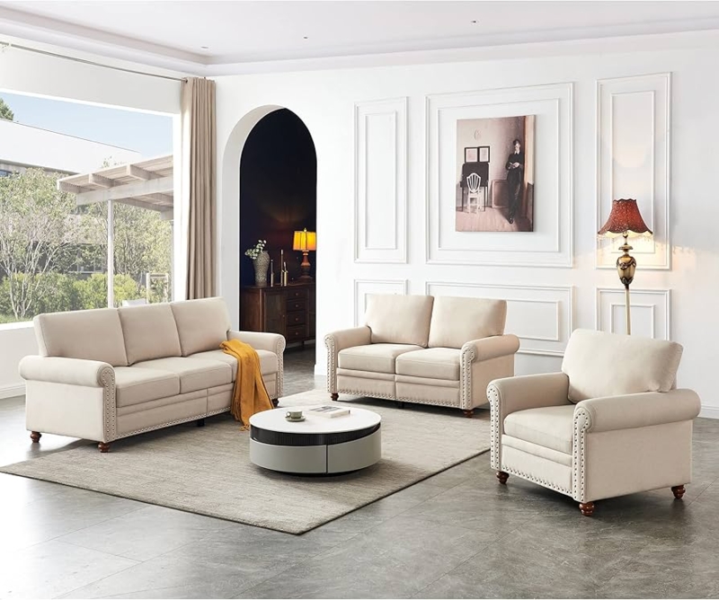 Blue Linen Living Room Set with Tapered Wood Legs
