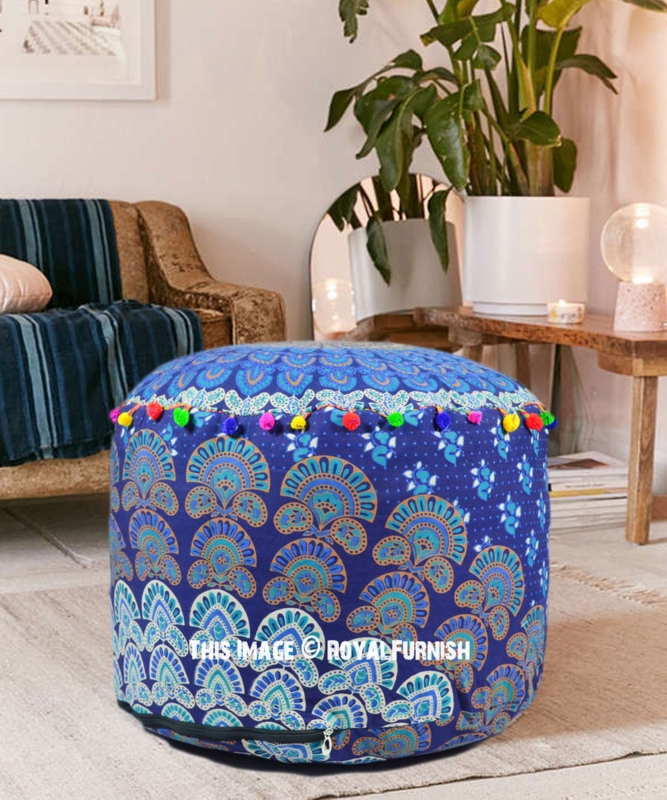 Blue Mandala Pouf, Pom-Pom Trim, Bohemian Floor Cushion Decor