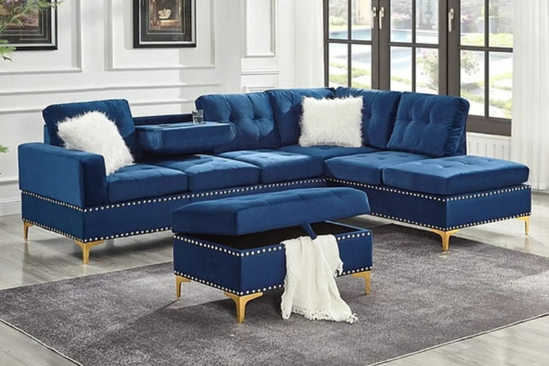 Blue Reversible Sectional Sofa Layout Biscuit Tufting Ottoman