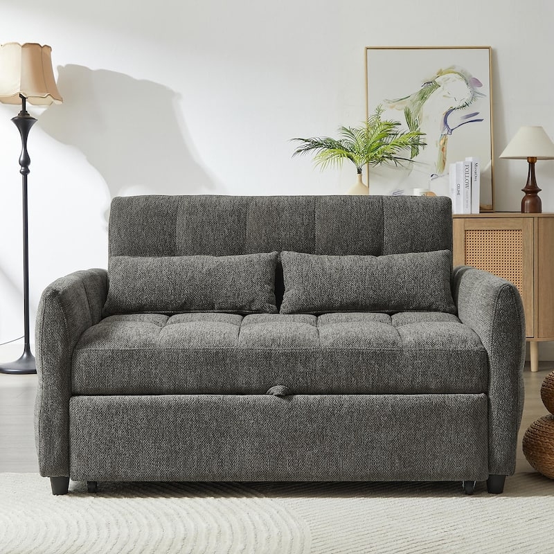 Blue Sleeper Loveseat Mid-Century Modern Tapered Wood Legs Button Tufted