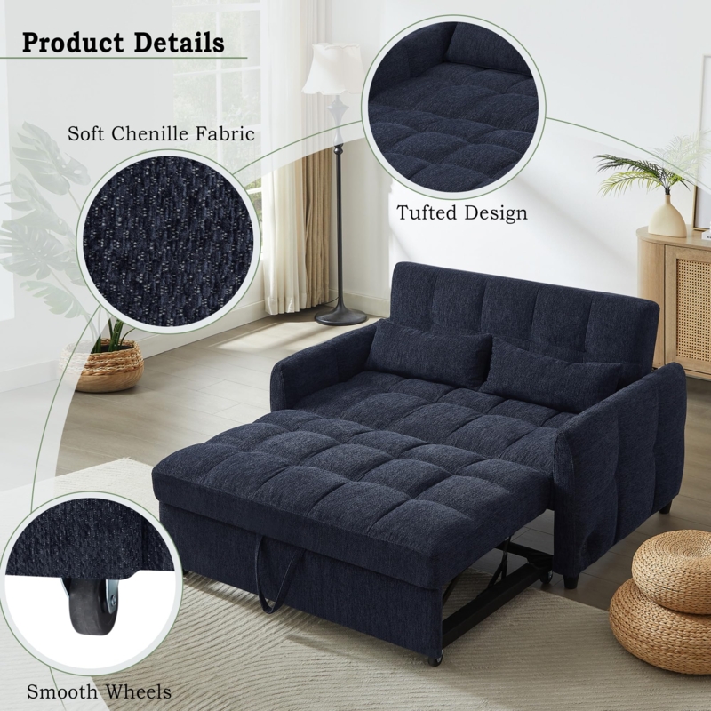 Blue Tufted Convertible Sofa Bed with Tapered Legs and Lumbar Pillows
