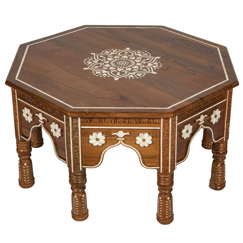 Bohemian Octagonal Coffee Table with Geometric Star Pattern Inlay