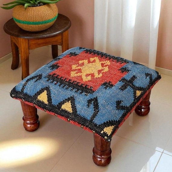 Bohemian Pouf with Kilim Weaving and Wood Block Feet