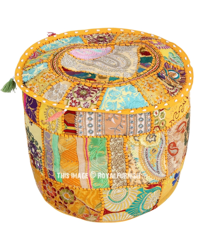 Bohemian Pouf with Shisha Mirror Work Mandala Embroidery Yellow