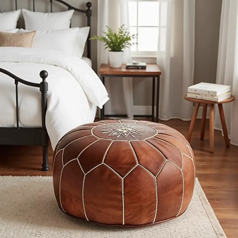 Bohemian Round Pouf with Decorative Stitching and Paneled Sides