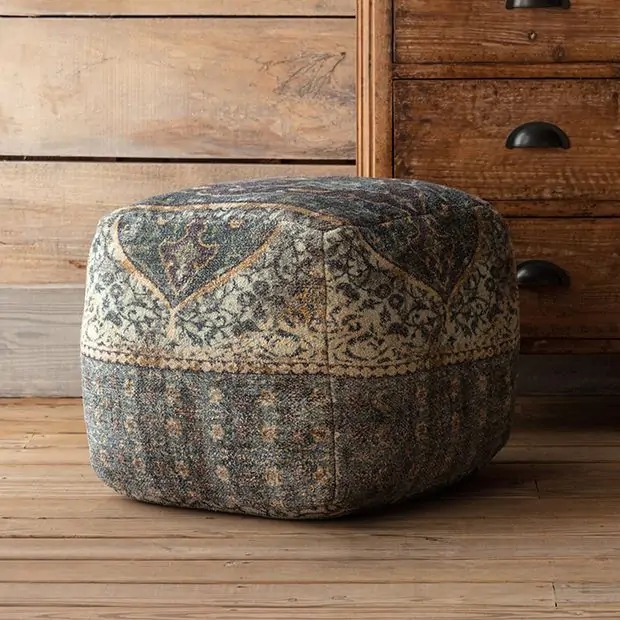Boho Pouf Ottoman Rug Print Tassel Fringe Cylindrical Floor Cushion