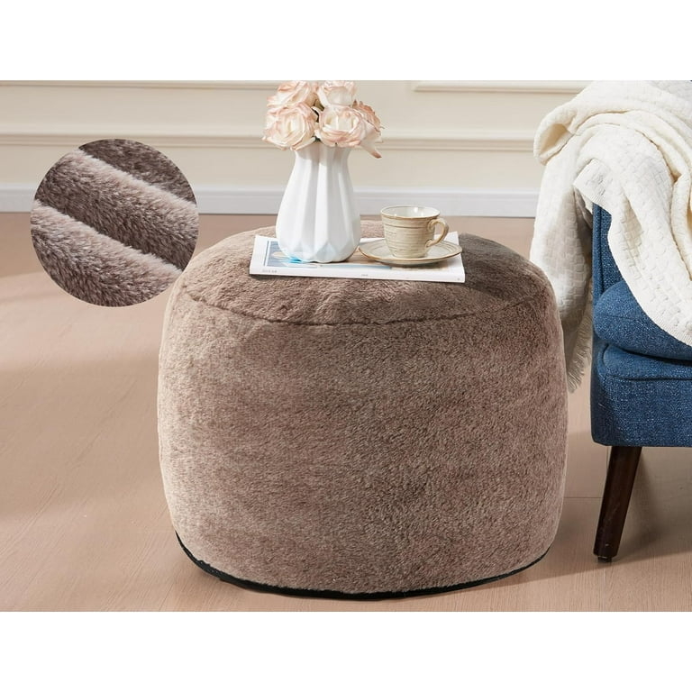 Boho Pouf Ottoman Shaggy Top Tall Brown Leather Look Cylinder