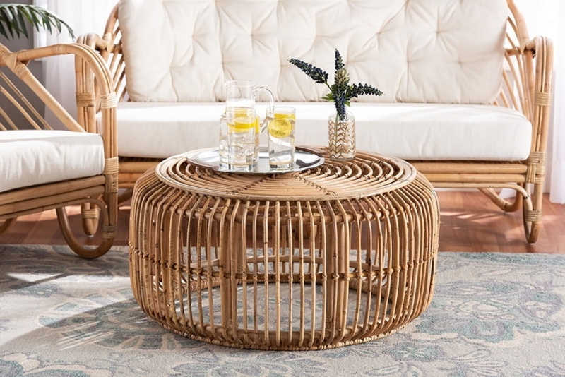 Boho Rattan Coffee Table Round Tray Top Arched Openwork Base