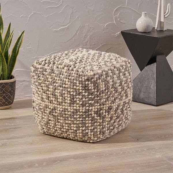 Boho Tufted Square Pouf Ivory Black Geometric Patterned Floor Ottoman