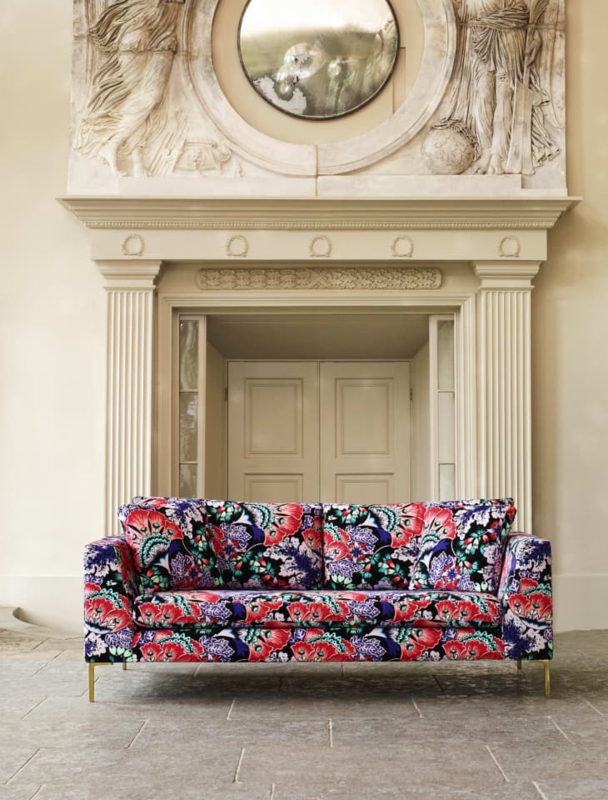Bold Floral Sofa Styling, Scrolled Arms, Maximalist Living Room Vignette