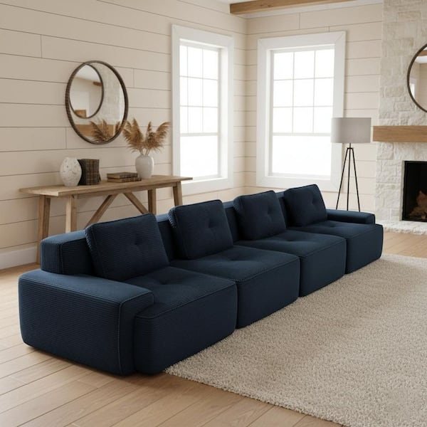 Bold Midnight Blue Sectional Sofa in Soft Corduroy Fabric