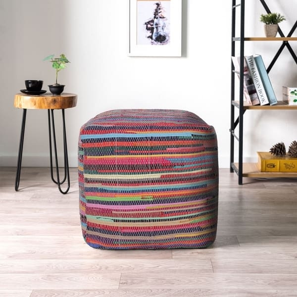Bold Red and Black Striped Woven Pouf Ottoman Modern Style