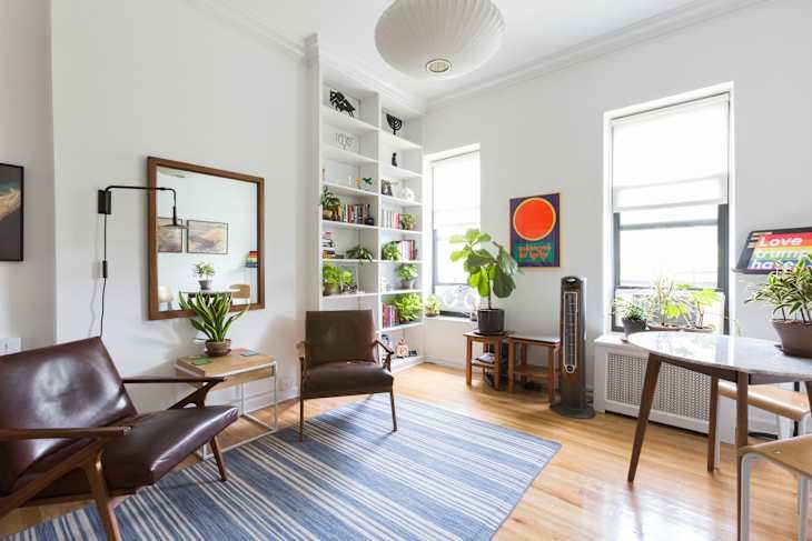 Boucle Chair and Wood Coffee Table in Minimalist No-Sofa Layout