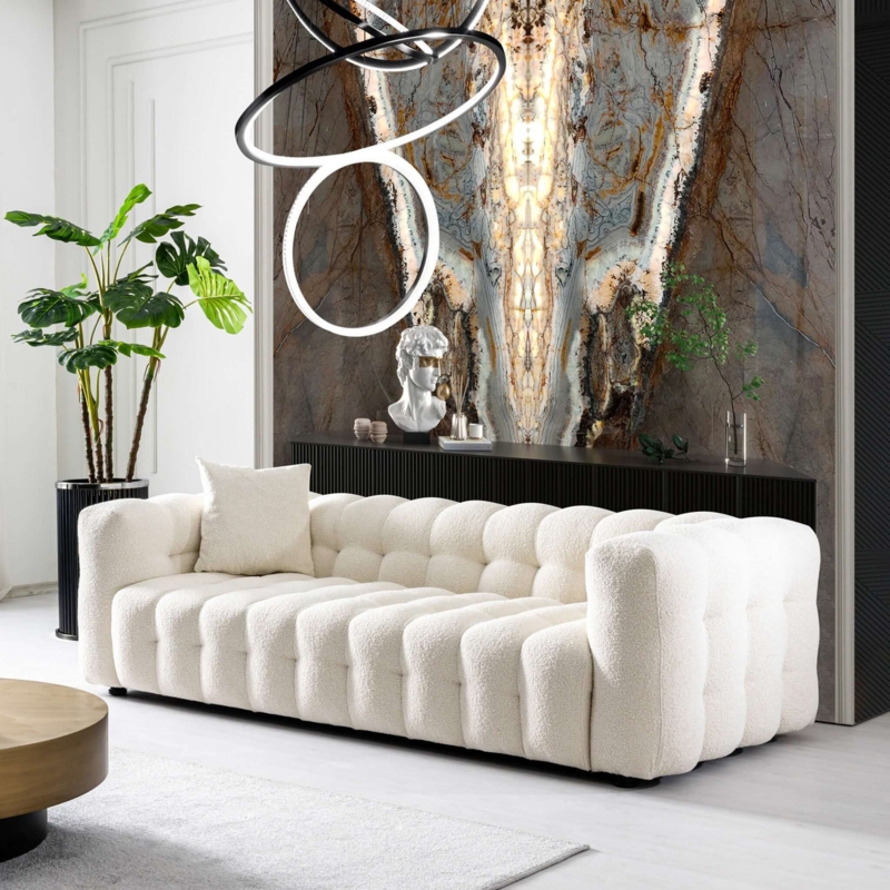 Boucle Chesterfield Sofa: Cream, Rolled Arms, Deep Tufting