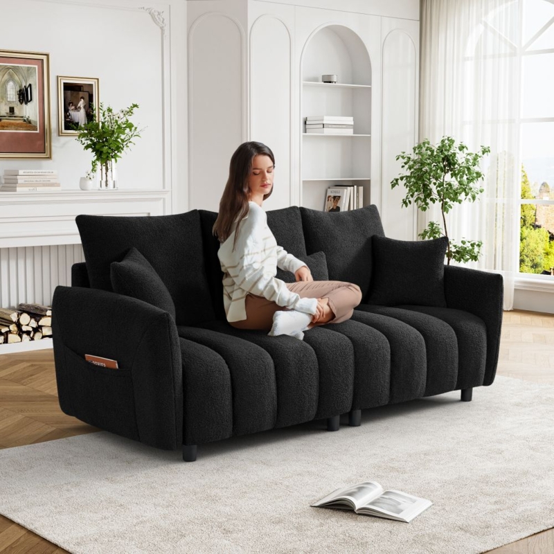 Boucle Modern Sofa Cream Texture Deep Seat Low Profile Minimalist