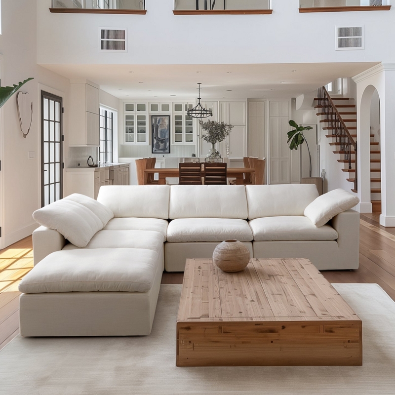 Boucle Sectional Sofa Wabi-Sabi Organic, Beige Boucle L-Shaped Sofa.