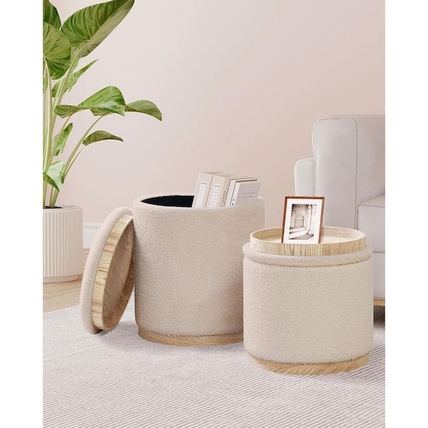 Boucle Storage Ottoman Set, Round Nesting with Reversible Tray