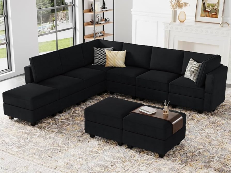 Boxed Edge Black Velvet U-Shaped Sectional Sofa Modular Design