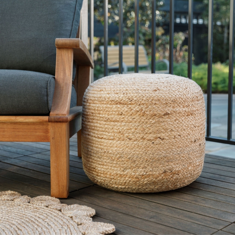 Braided Top Pouf, Concentric Pattern Round, Woven Jute Footstool Decor