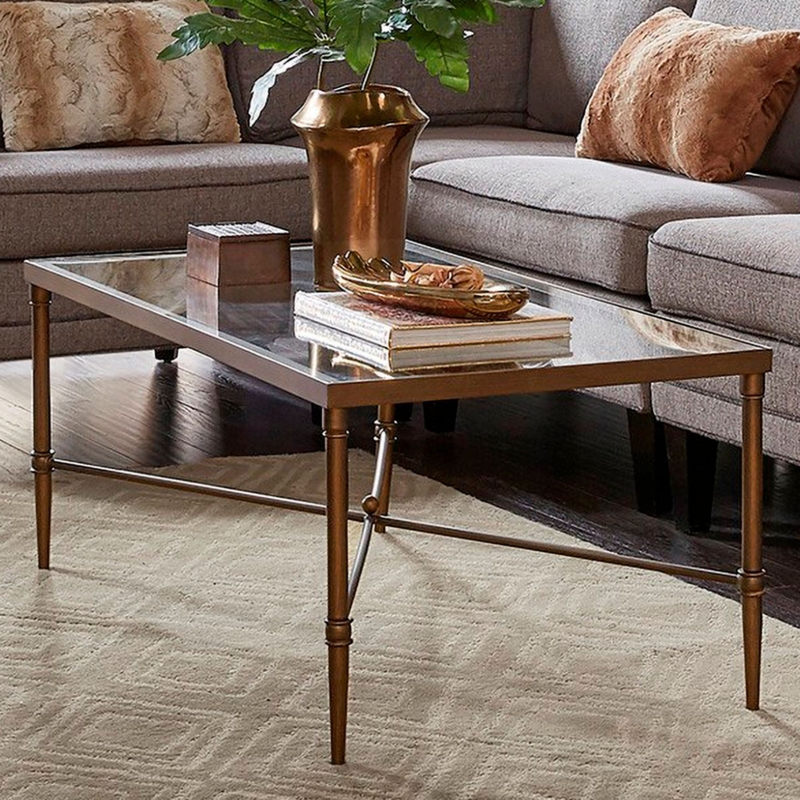 Bronze Coffee Table featuring Geometric Metal Base and Glass Top