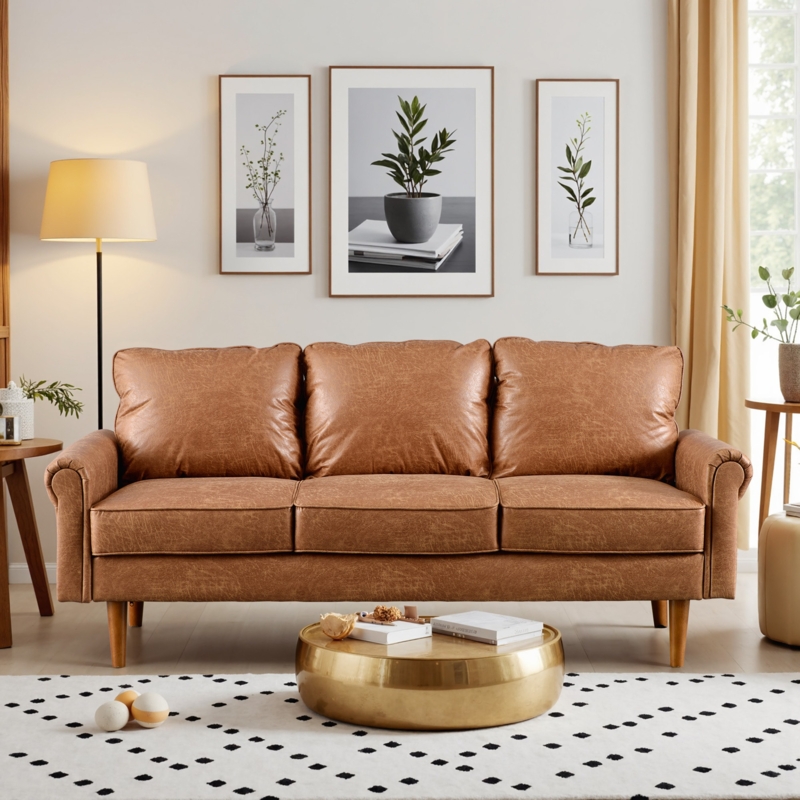 Brown Faux Leather Sofa Flared Arms Tapered Wood Legs Scandinavian Style