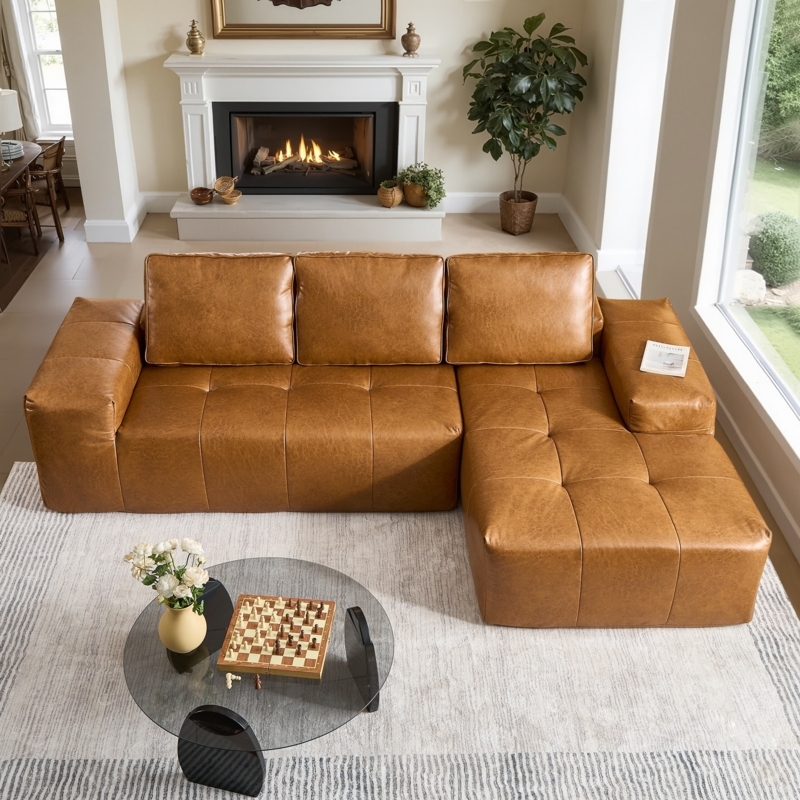 Brown L-Shaped Sectional Sofa with Button Tufted Seat