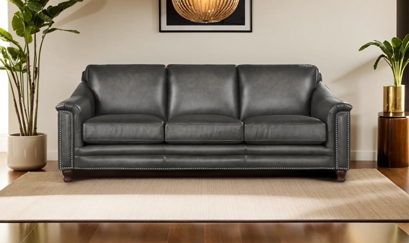 Brown Leather-Like Sofa, Rolled Arms, Turned Legs, Nailhead Trim