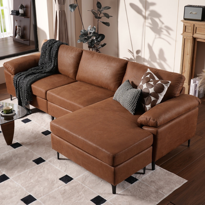 Brown Sectional Sofa Leather-Like Reversible Chaise Tapered Legs