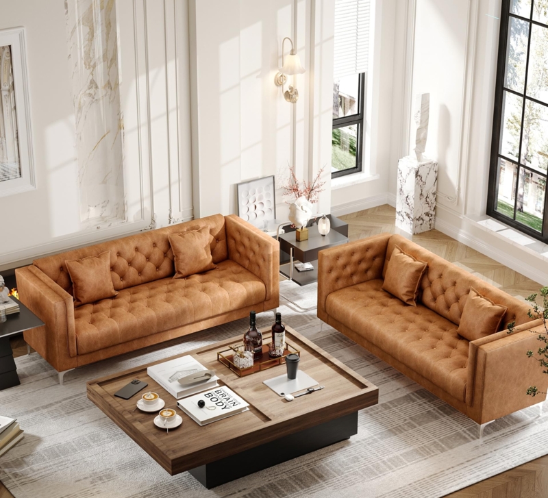 Brown Tufted Sofa with Gold Tapered Legs and Square Arms