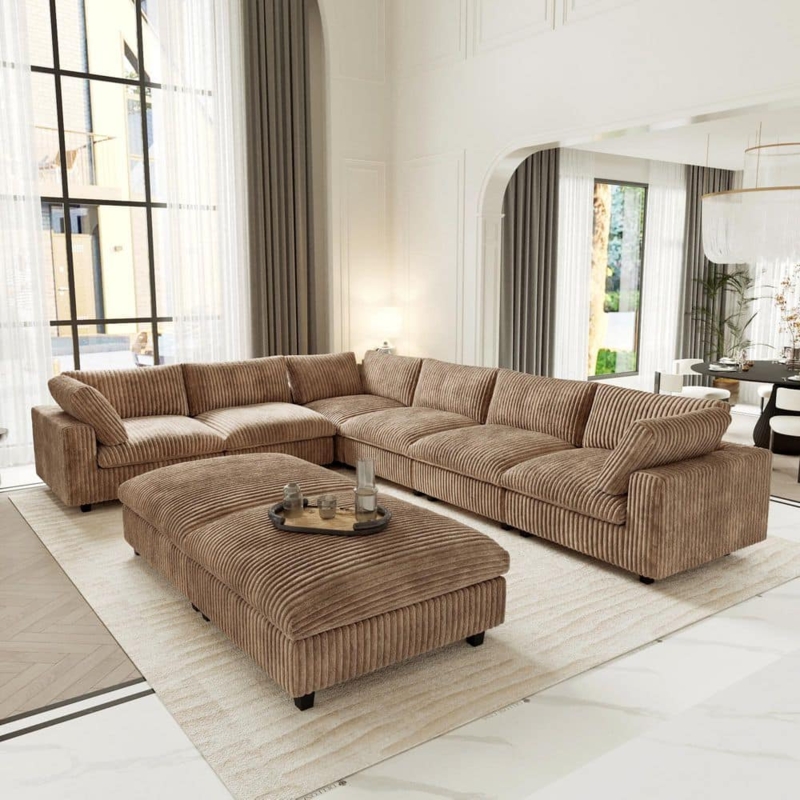 Brown Velvet Sectional Sofa U Shaped Modular Deep Seat